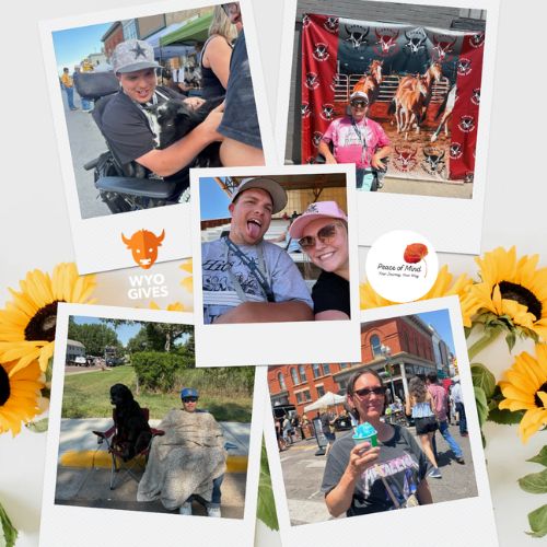 This is a photo collage of Peace of Mind participants having a blast at Laramie Jubilee Days at the parade, fair, and rodeo.