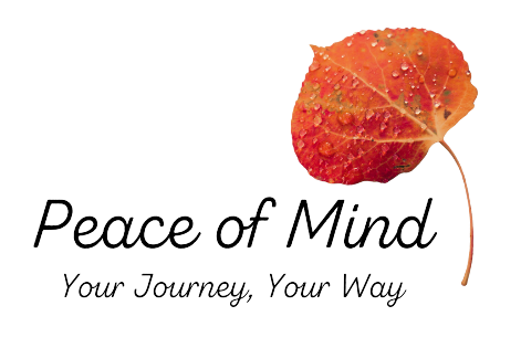 Peace of Mind: Your Journey, Your Way logo with an orange/red leaf next to the text